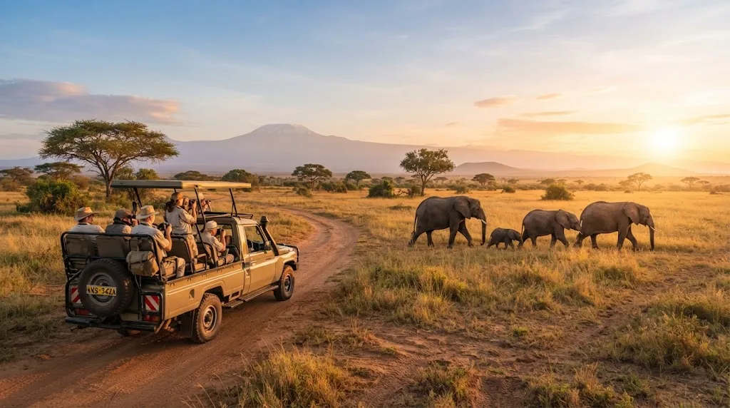 A safari vehicle watching elephants on the savanna at sunrise in Kenya.