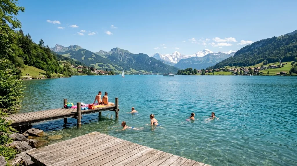 Swimmers at a calm Swiss lake with green hills and distant Alpine peaks in July.