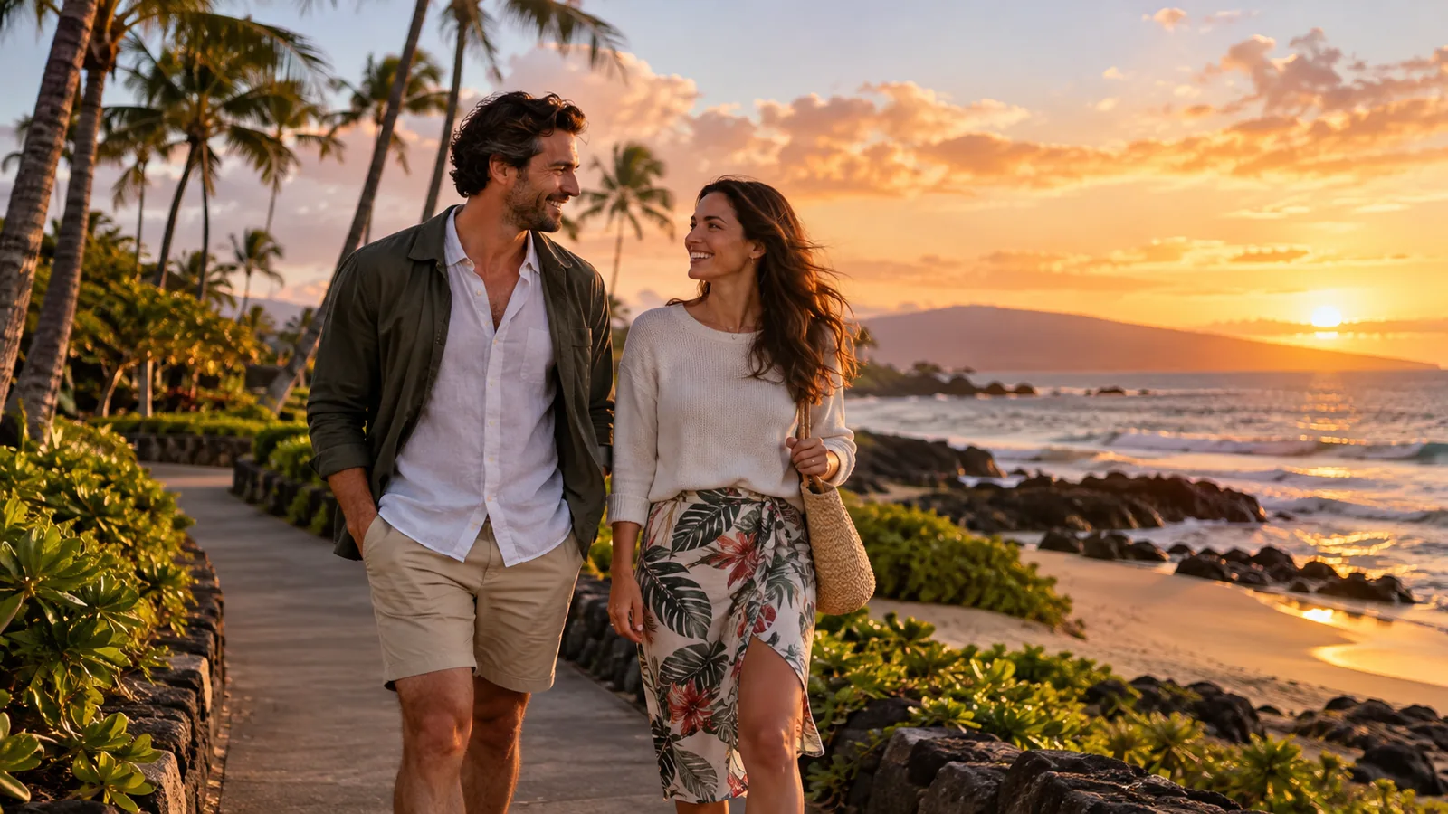 Travelers in light casual clothing walking beside a Hawaiian beach on a warm December evening. what-to-wear-hawaii-december.webp