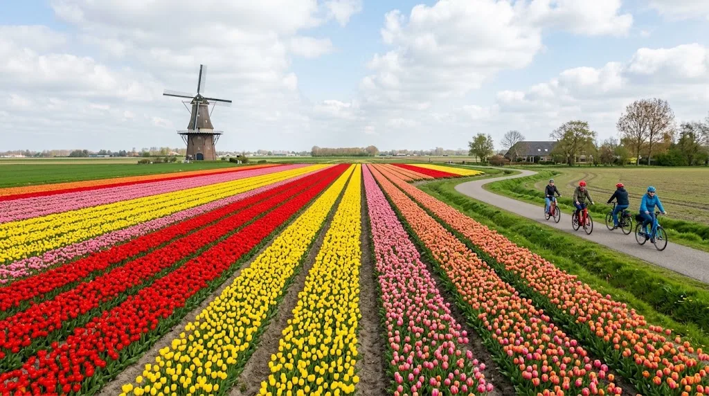 Tulip fields with a windmill near Amsterdam in April