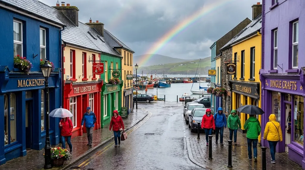 Colorful street and rainbow in Dingle, Ireland in September