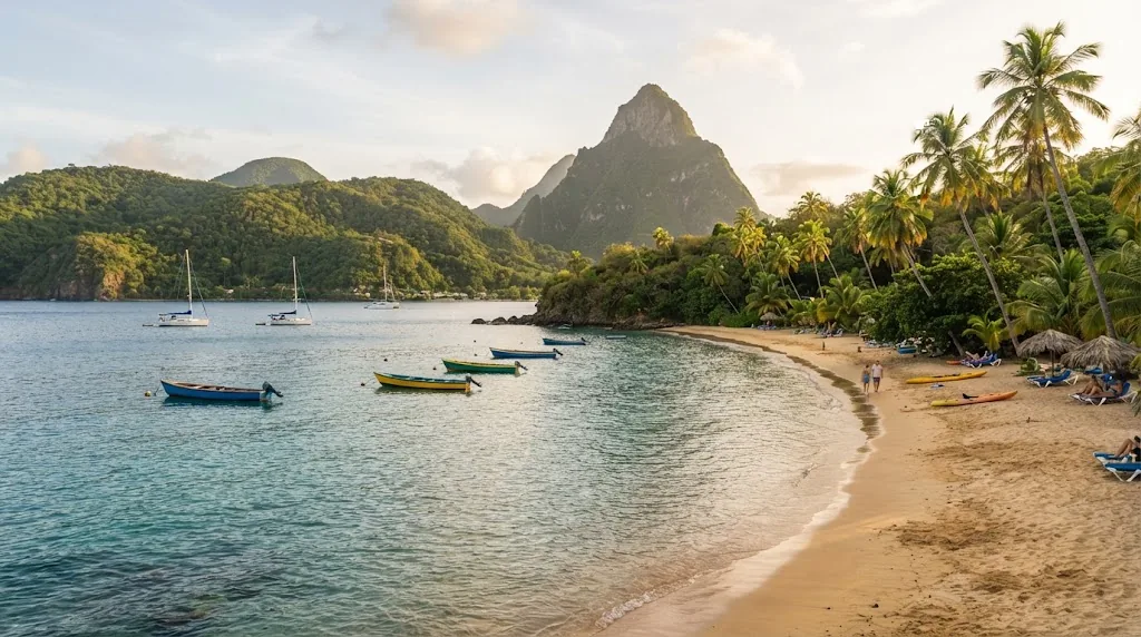 A calm golden sand beach with palm trees and green hills on St Lucia's west coast.