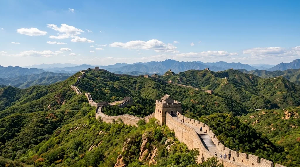 The Great Wall winding over green hills under a clear September sky near Beijing.