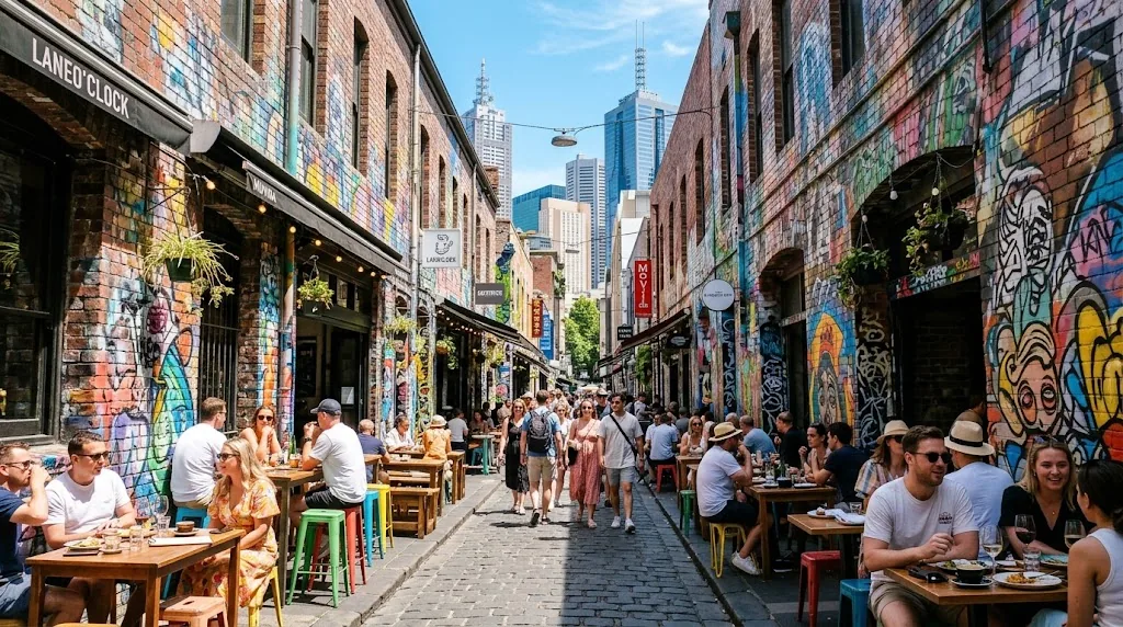 Outdoor cafe tables in a Melbourne laneway on a sunny December afternoon