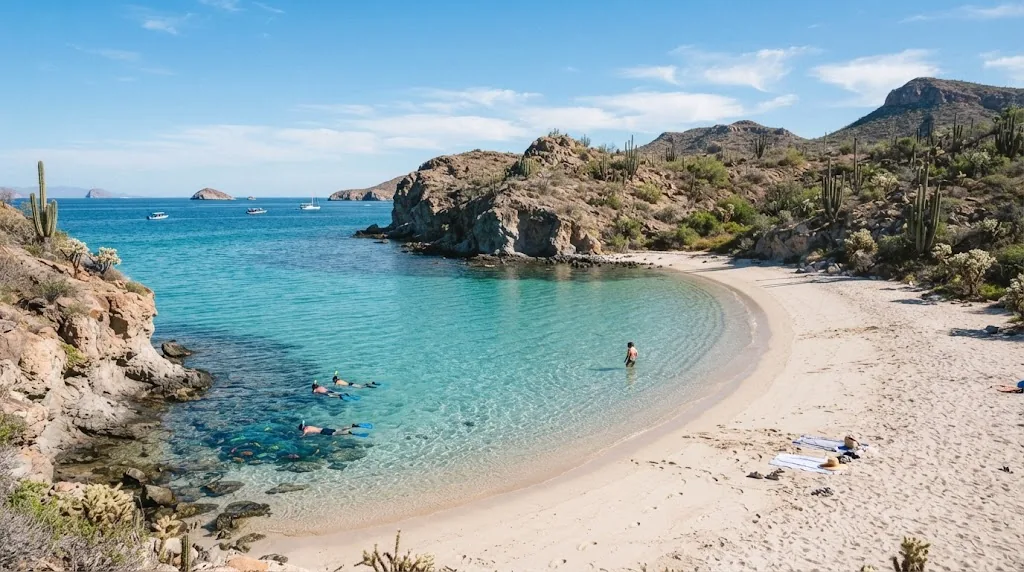 Snorkelers in a calm turquoise cove with cactus covered hills in Baja California.