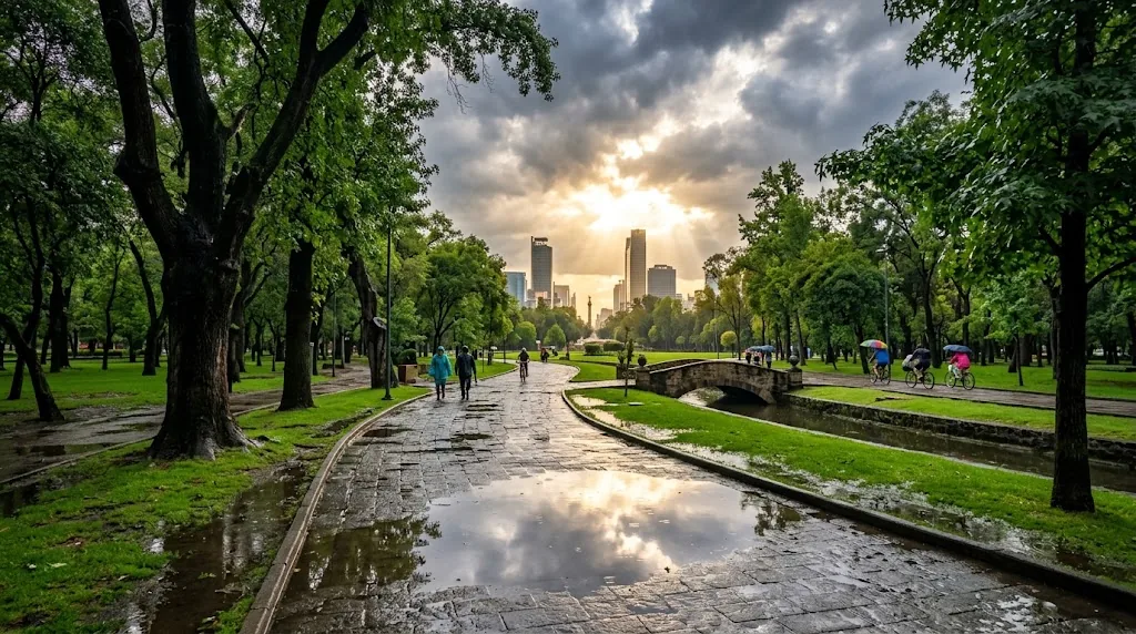 A lush Mexico City park after a summer afternoon rain shower.