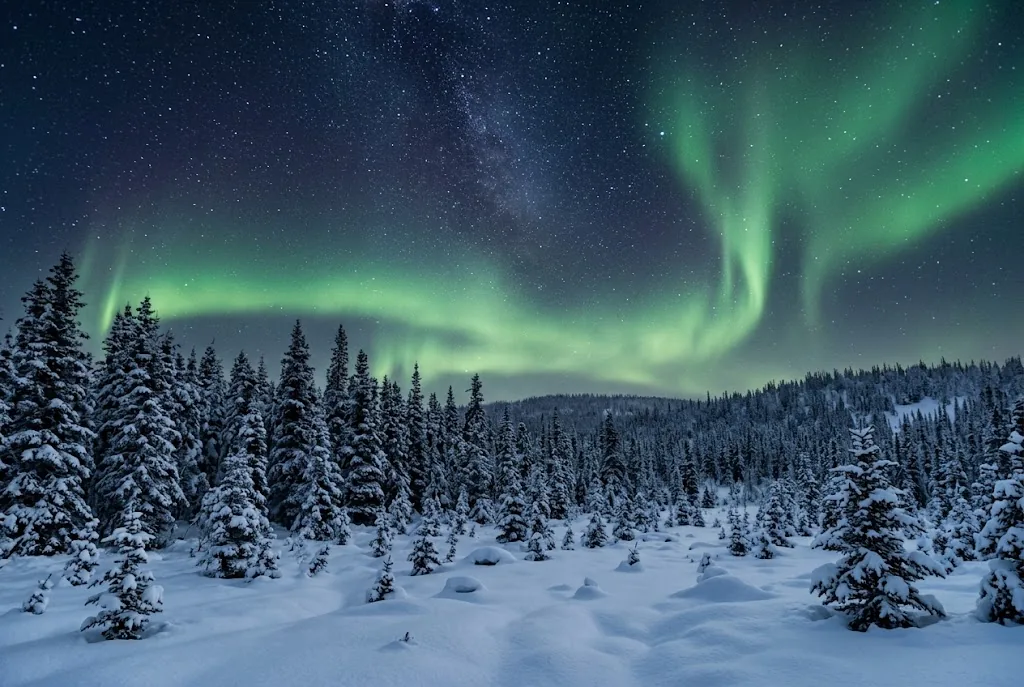 Northern lights over snowy forest in Alaska