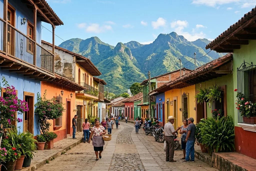 Colorful town street with mountains in Costa Rica