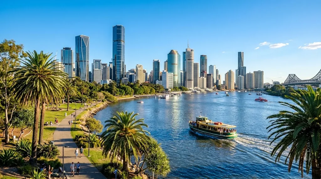 The Brisbane river and skyline on a sunny winter day with palm trees along the bank.