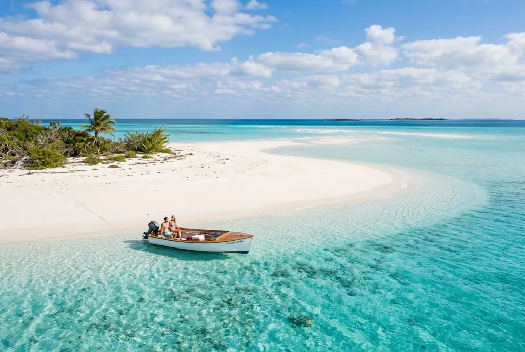Boat over clear turquoise water near a sandbar in the Bahamas in January