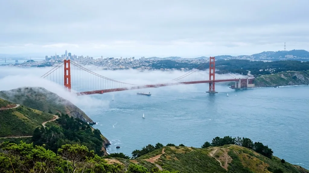 Fog drifting around a red suspension bridge over San Francisco Bay in summer.