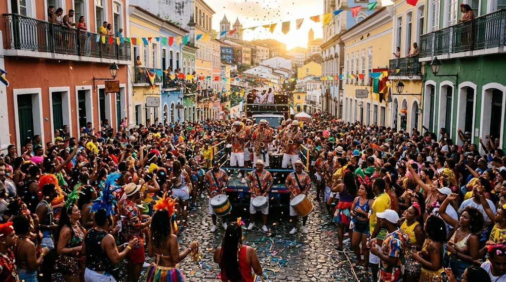 A crowded summer street festival with colorful costumes and a brass band at dusk.