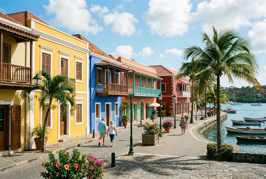 Colorful harbor buildings on a sunny Caribbean street in January