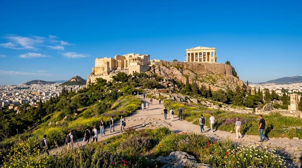 The Acropolis in Athens on a clear May morning with wildflowers on the slope