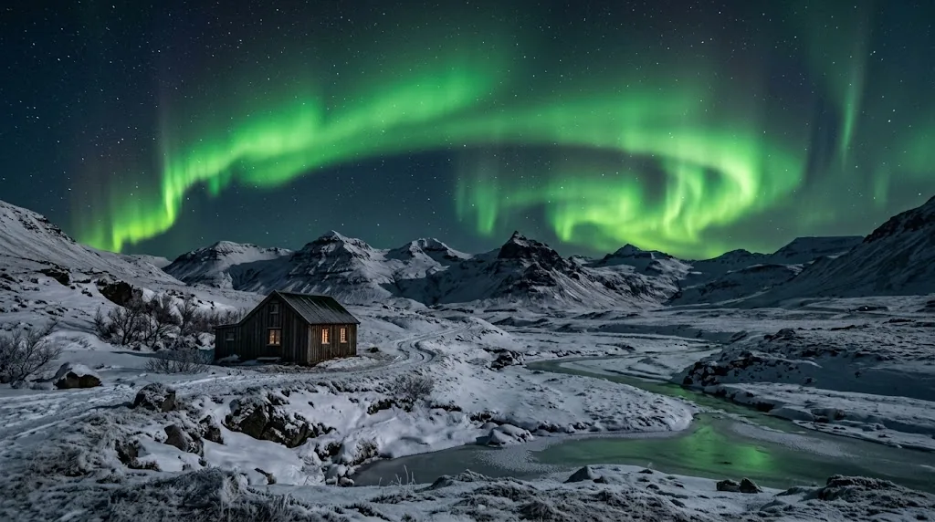 Northern lights over a snowy Icelandic landscape