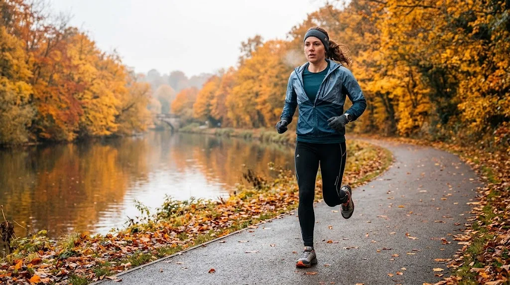Runner in a light jacket on a riverside path on a 50 degree autumn morning