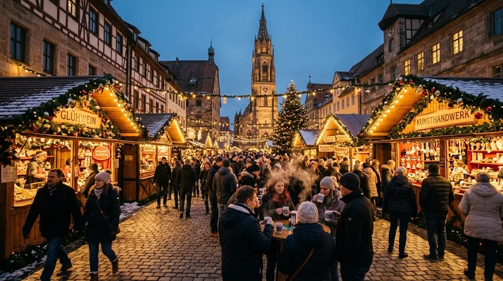 A lit Christmas market in a historic European square at dusk