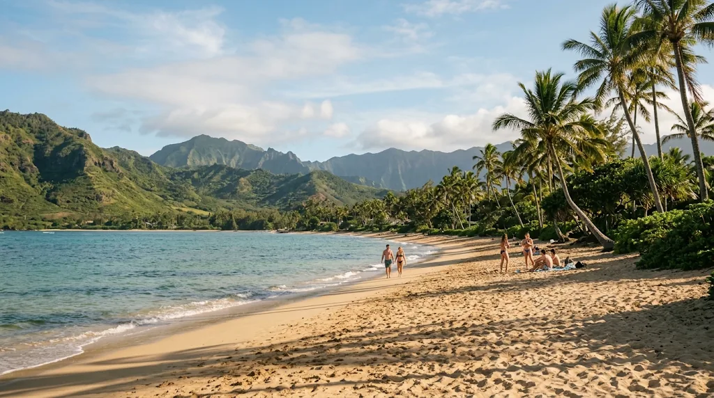 Sunny Hawaiian beach with palm trees and green hills on a warm December afternoon