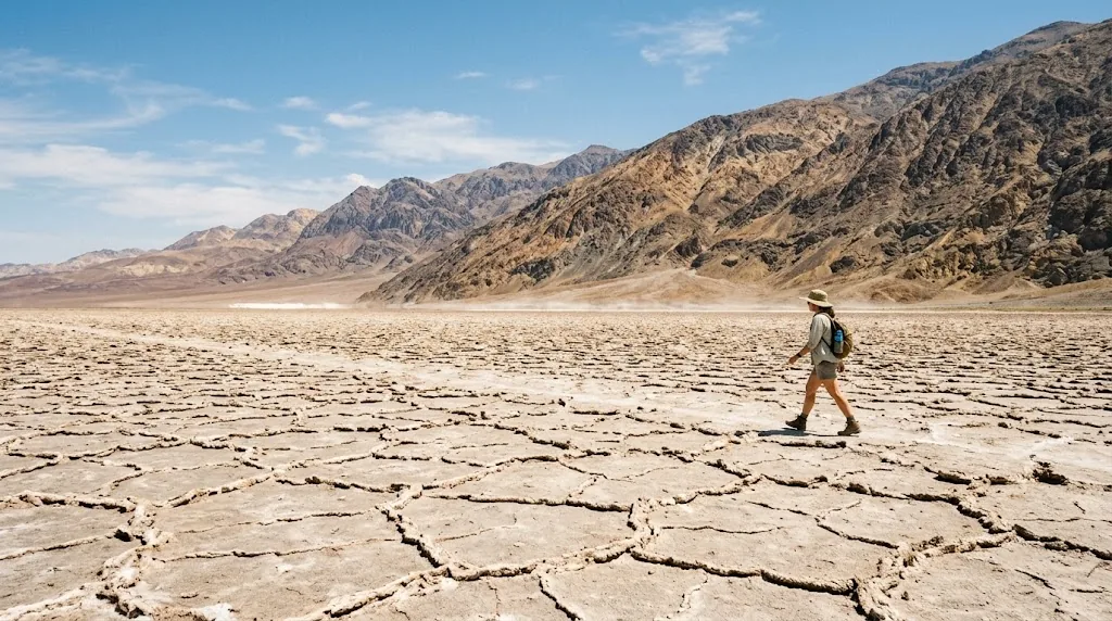 Salt flats in Death Valley, California on a scorching summer day