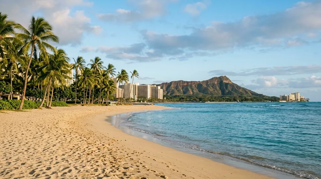 A calm Honolulu beach with palm trees and a green headland in the distance.