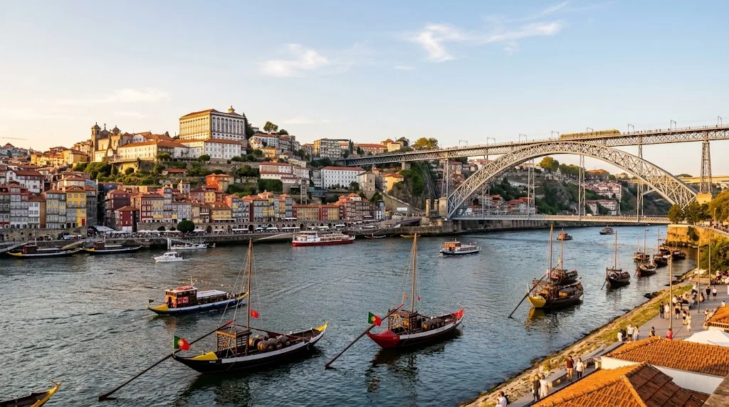 Porto riverfront with colourful buildings and a bridge over the Douro on a warm August afternoon.