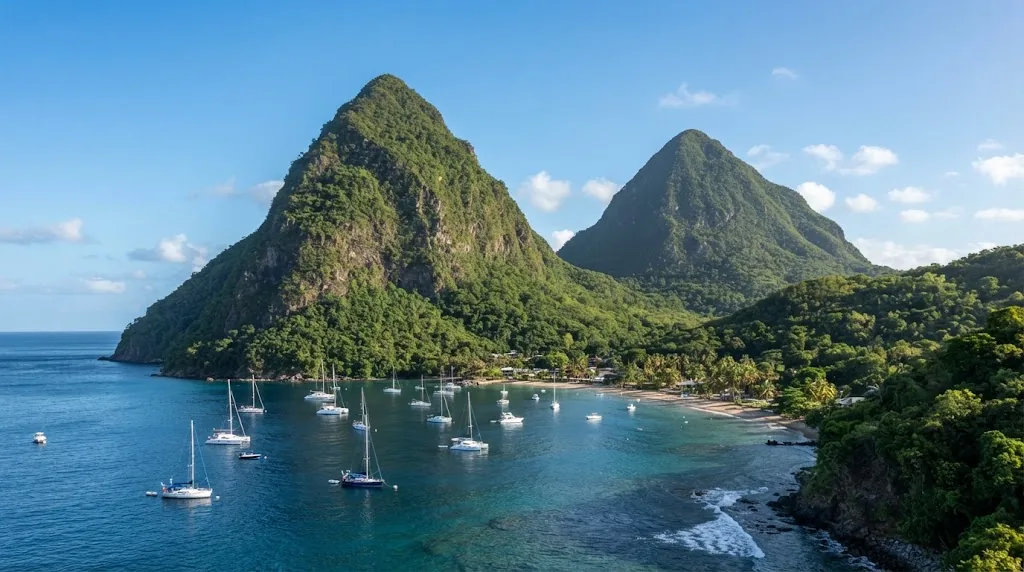 Two steep green volcanic peaks rising above a bay with sailboats in St Lucia.