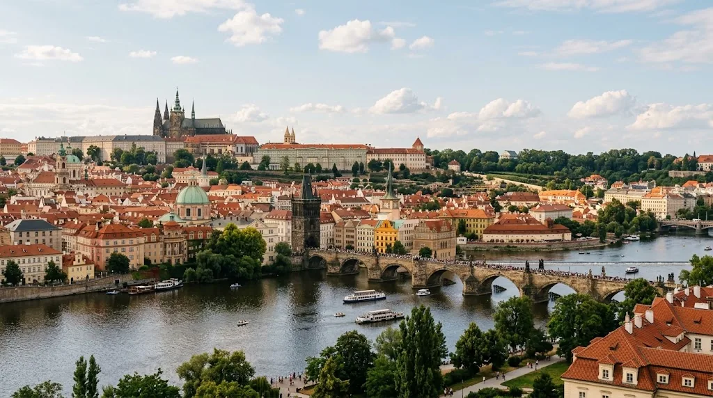 Prague rooftops and the river on a mild July morning.