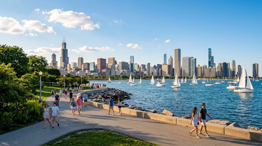 The Chicago skyline across Lake Michigan on a sunny September afternoon.
