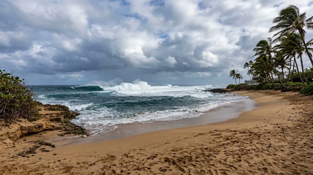 Big winter waves on a Hawaiian beach in January