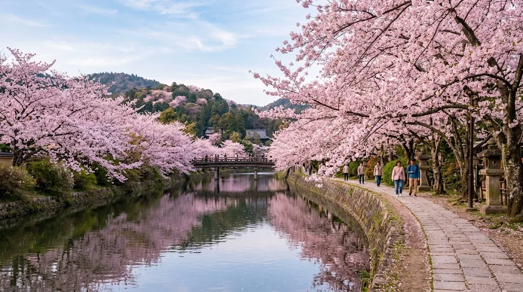 Cherry blossoms along a river in Kyoto, Japan in spring