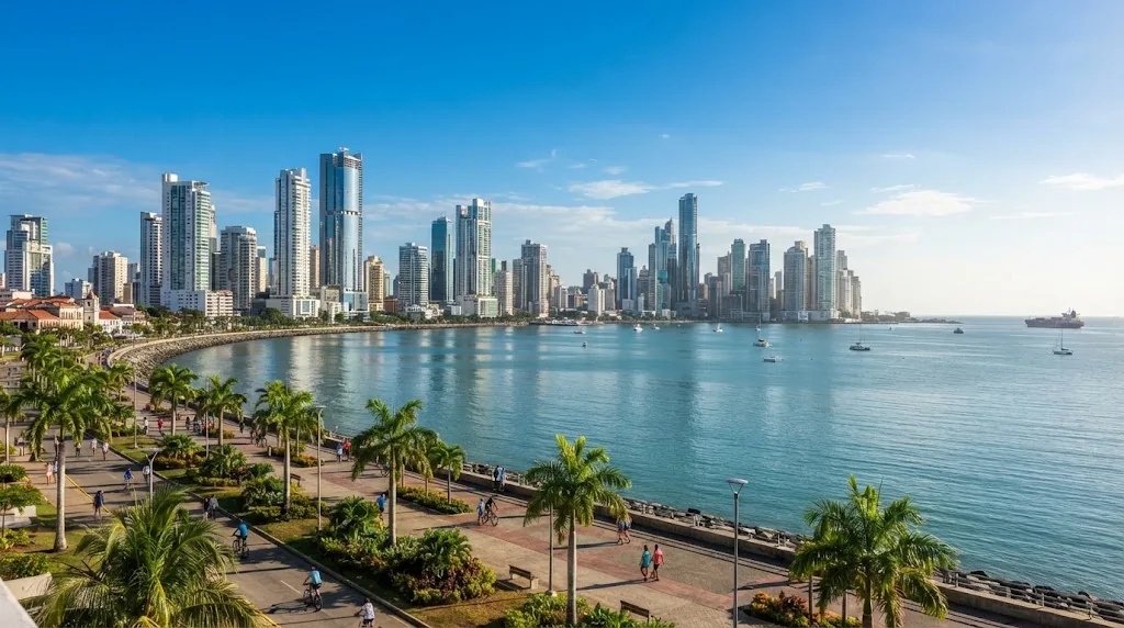 The Panama City skyline across a calm bay on a clear dry season morning.