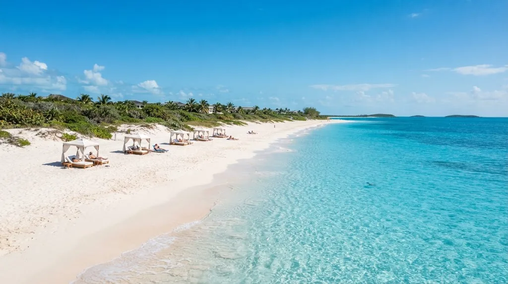A long white sand beach with calm turquoise water in Turks and Caicos.