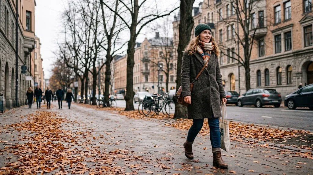Person in a wool coat and scarf on a city street in 40 degree weather