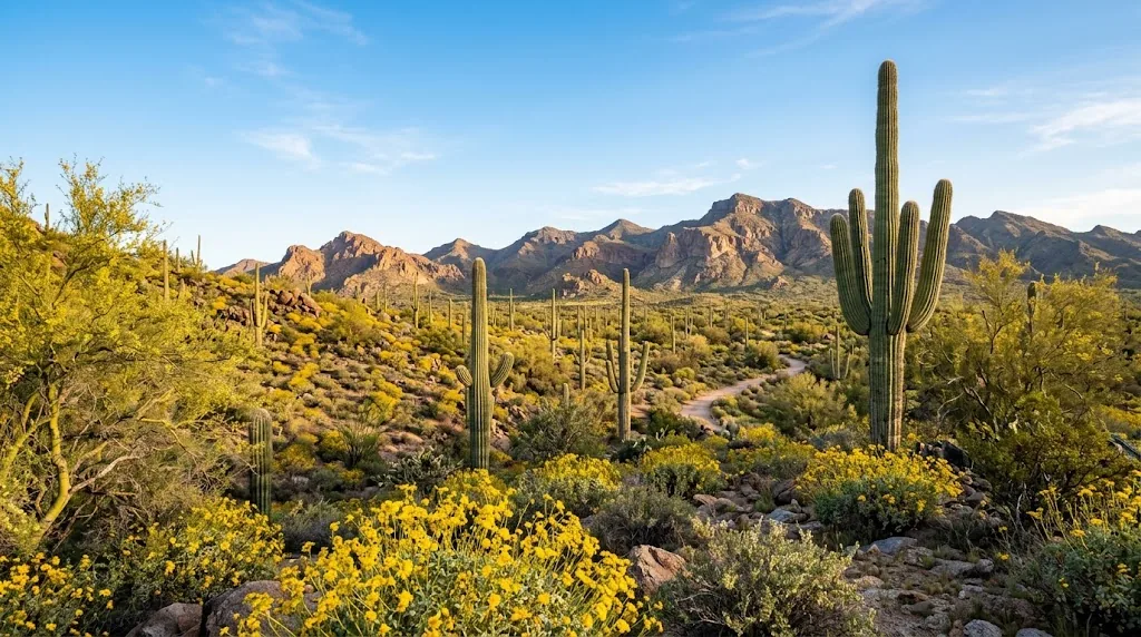 Saguaro cacti and yellow desert flowers near Phoenix in April.