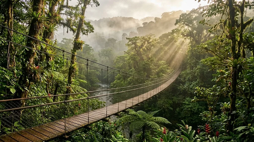 Misty green rainforest with a hanging bridge in Costa Rica