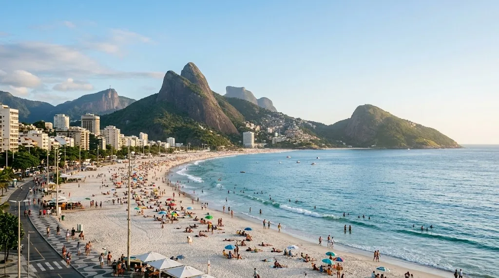 A curved Rio de Janeiro beach with a granite peak behind it on a clear winter afternoon.