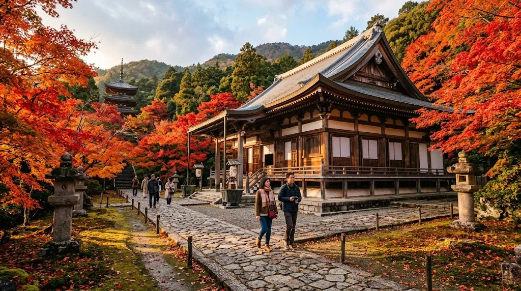 A wooden temple in Kyoto surrounded by red maple trees in late autumn.