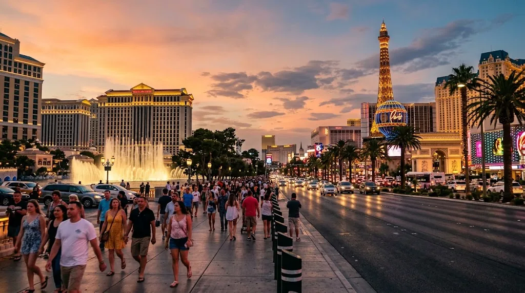 Las Vegas Strip at dusk with people in light summer clothes