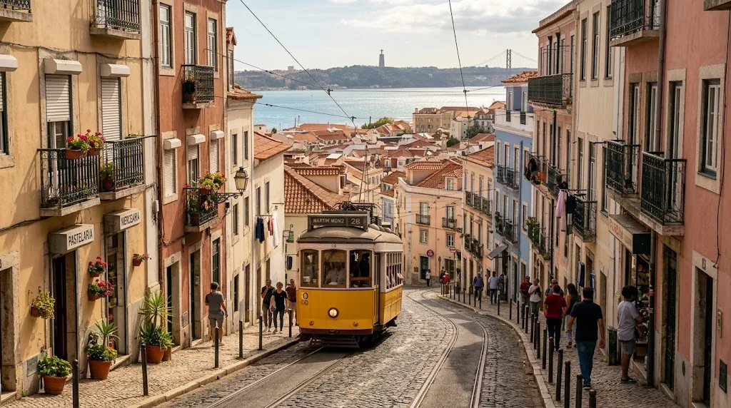 A yellow tram climbing a cobbled Lisbon street above terracotta rooftops and the river.