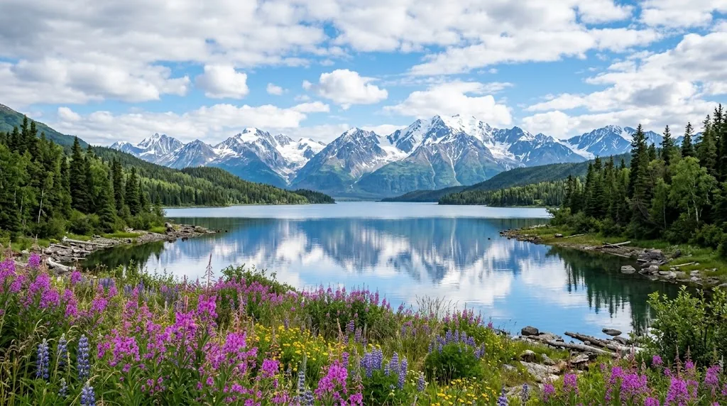 Snowy mountains and a blue lake in Alaska in summer