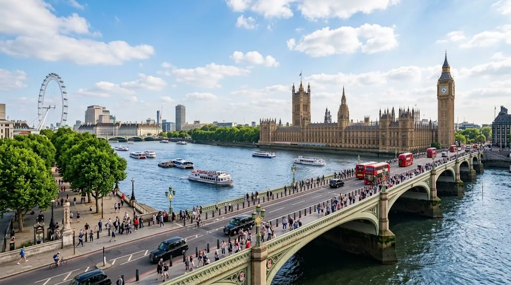 The River Thames in London on a bright June morning.