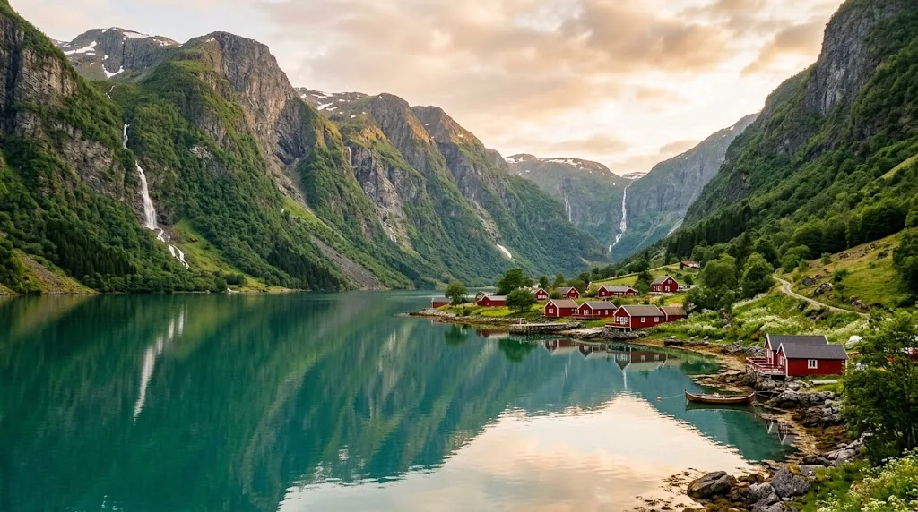 A Norwegian fjord in early summer with waterfalls, green mountains and red wooden houses.