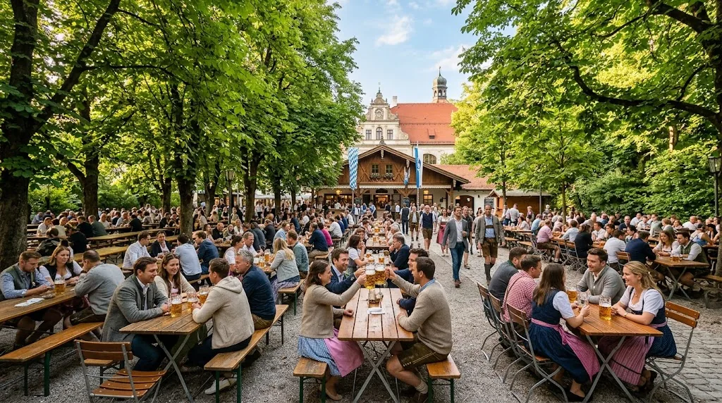Beer garden tables under chestnut trees on a sunny summer afternoon in Munich.