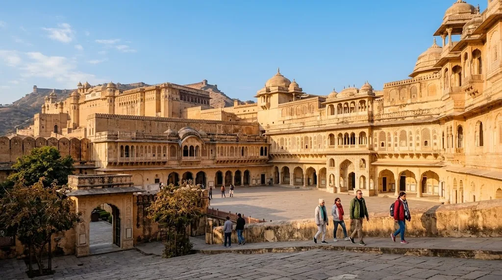 A sandstone Rajasthan palace courtyard in clear winter morning light.