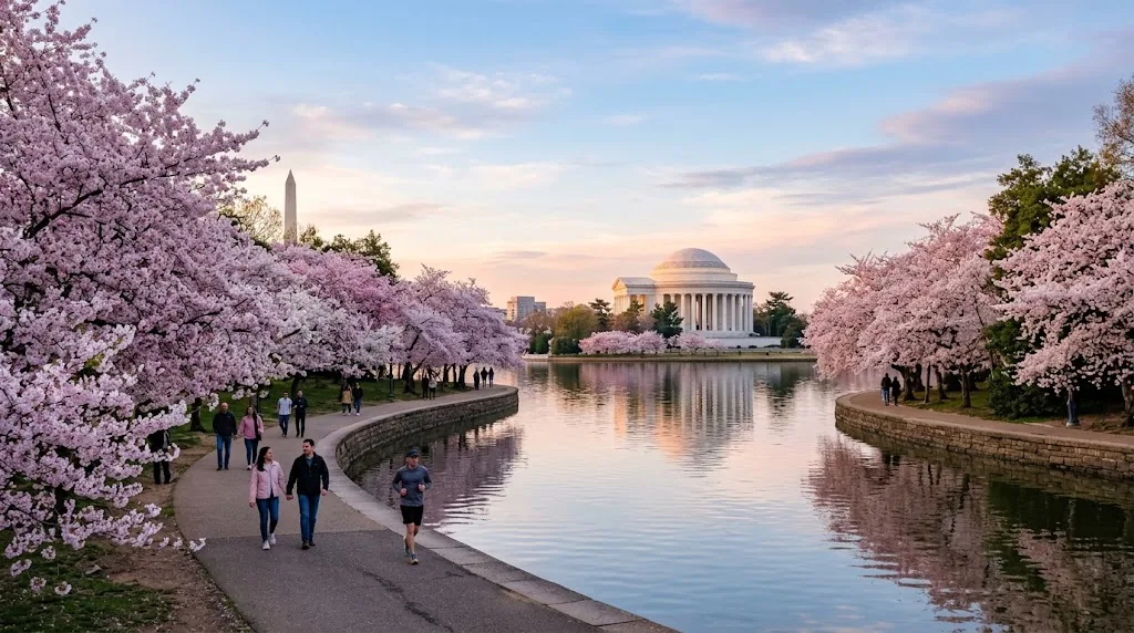 Pink cherry blossoms around a tidal basin in Washington DC in spring.