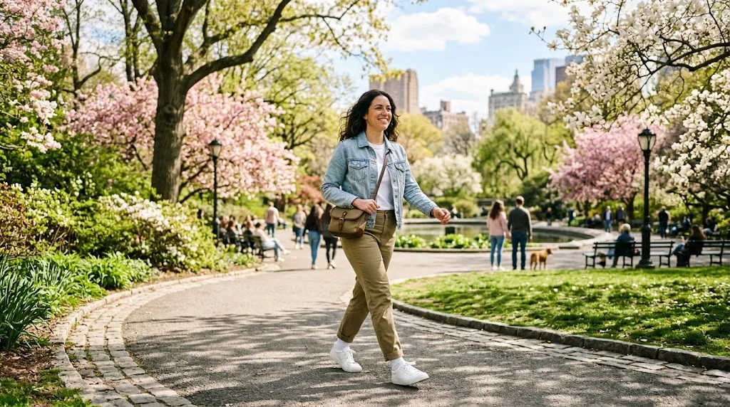 Person in a denim jacket walking in a park on a 60 degree spring day