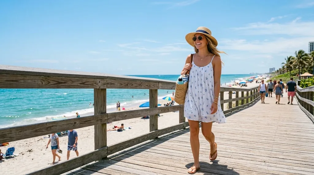 Person in light summer clothes on a beach boardwalk on an 80 degree day