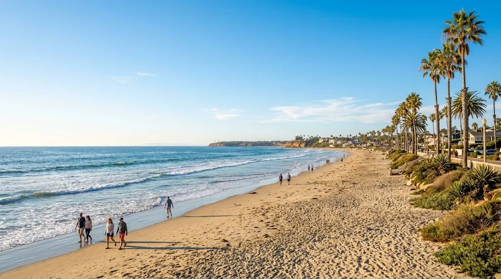 A sunny San Diego beach in October with palm trees and calm waves.