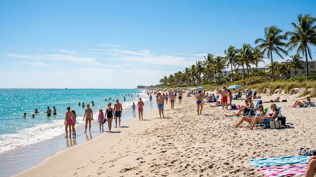 Sunny Florida beach with palm trees in February