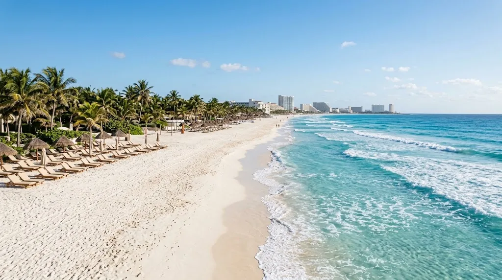 A white sand beach with turquoise water and palm trees in Cancun on a clear spring day.